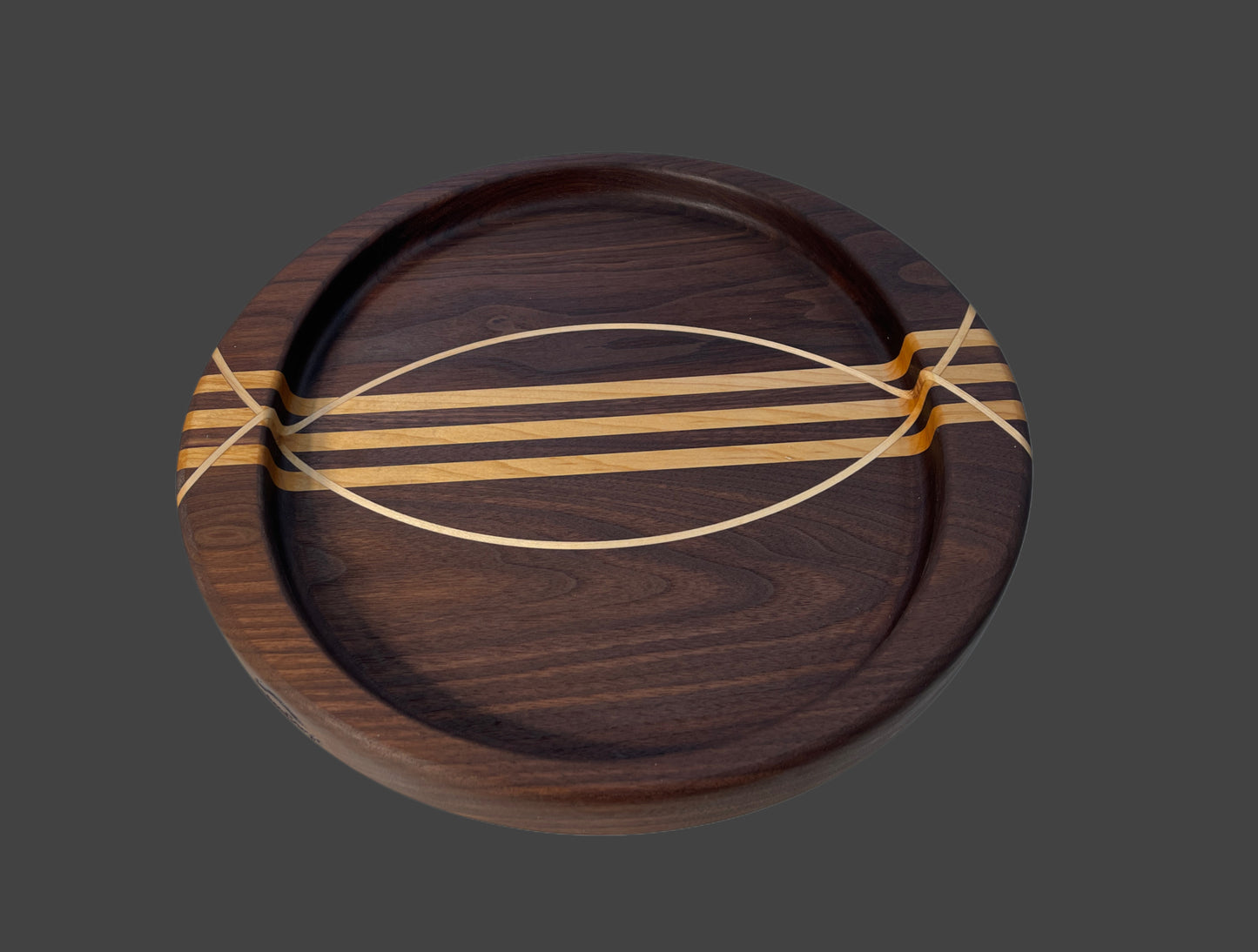 Large round designer charcuterie board, handmade with Walnut & Maple, designed for home entertaining and ideal for gifting