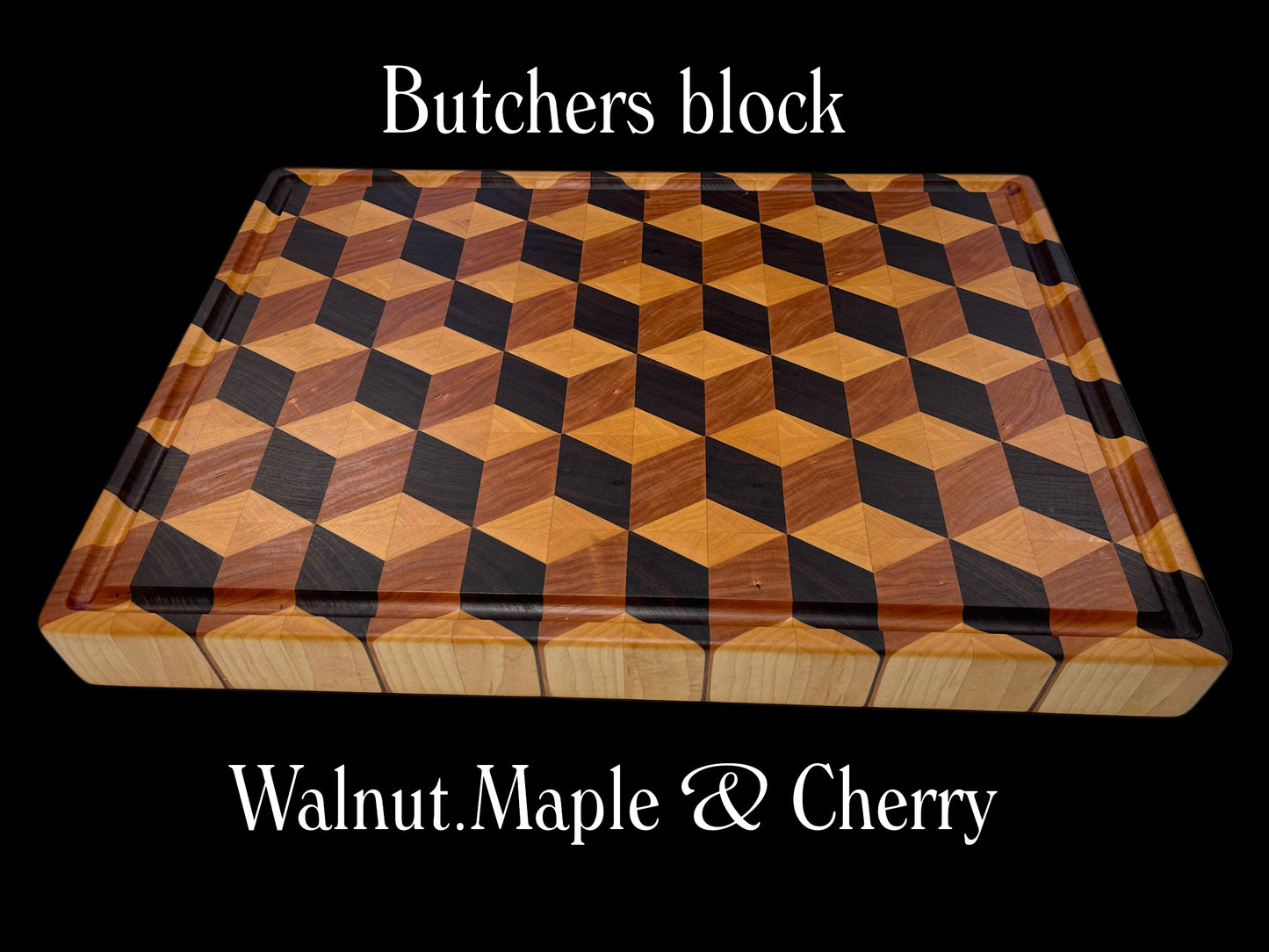 Handcrafted butcher block chopping board in 3D cube design, in premium hardwoods Walnut, Cherry & Maple. Luxury New Zealand cutting boards ideal for entertaining, gourmet kitchens, wedding gifts and heirloom gifting