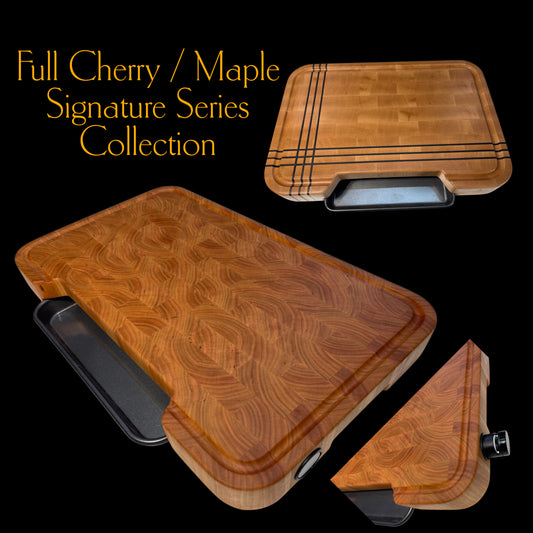 Selection of handmade end-grain chopping boards with selectable options of collection trays and pop out knife honing tool. handmade in Auckland New Zealand by Tuckercraft