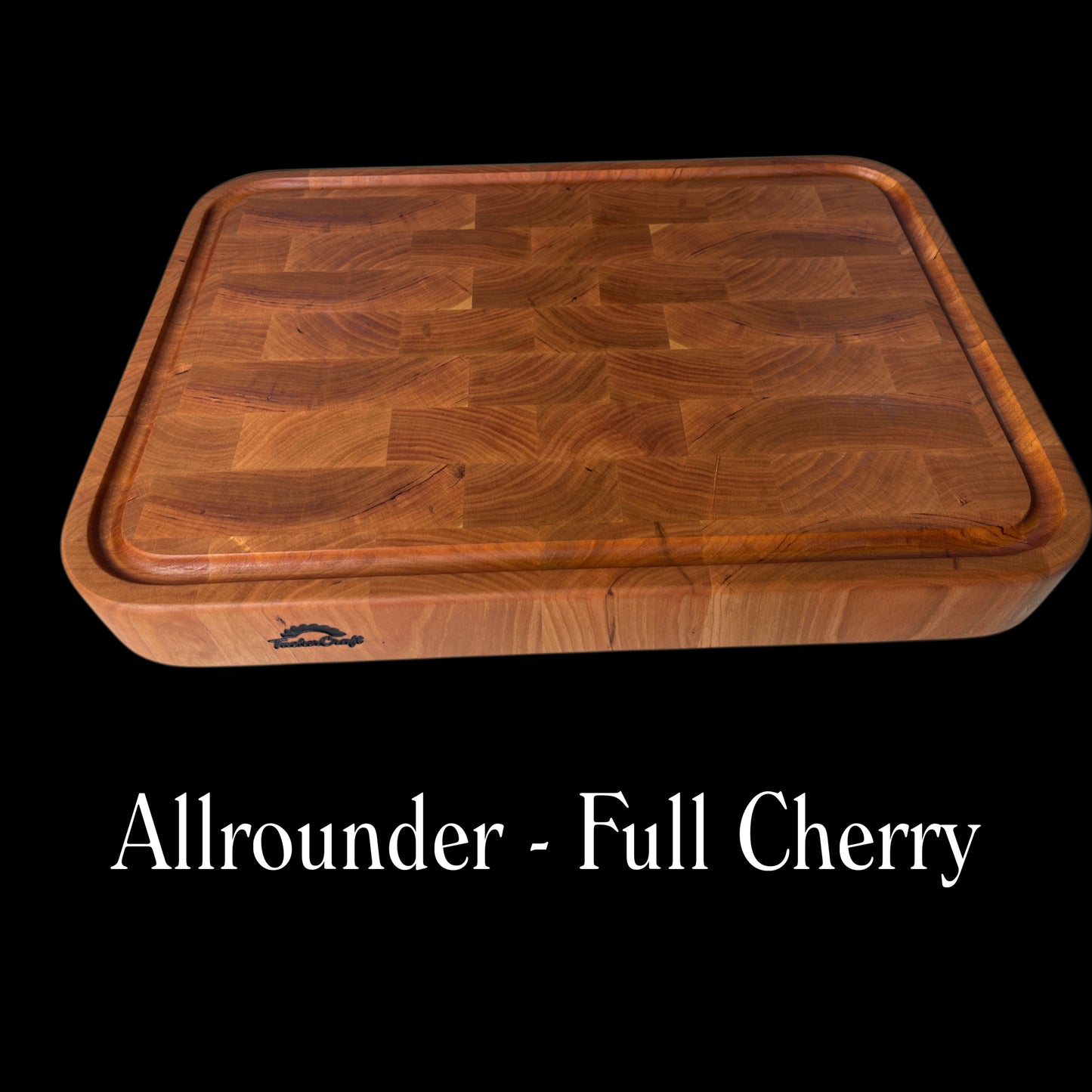 Premium handmade solid Cherry End-grain chopping board by Tuckercraft featuring extra thick 55mm construction, continuous juice groove and luxury kitchen styling