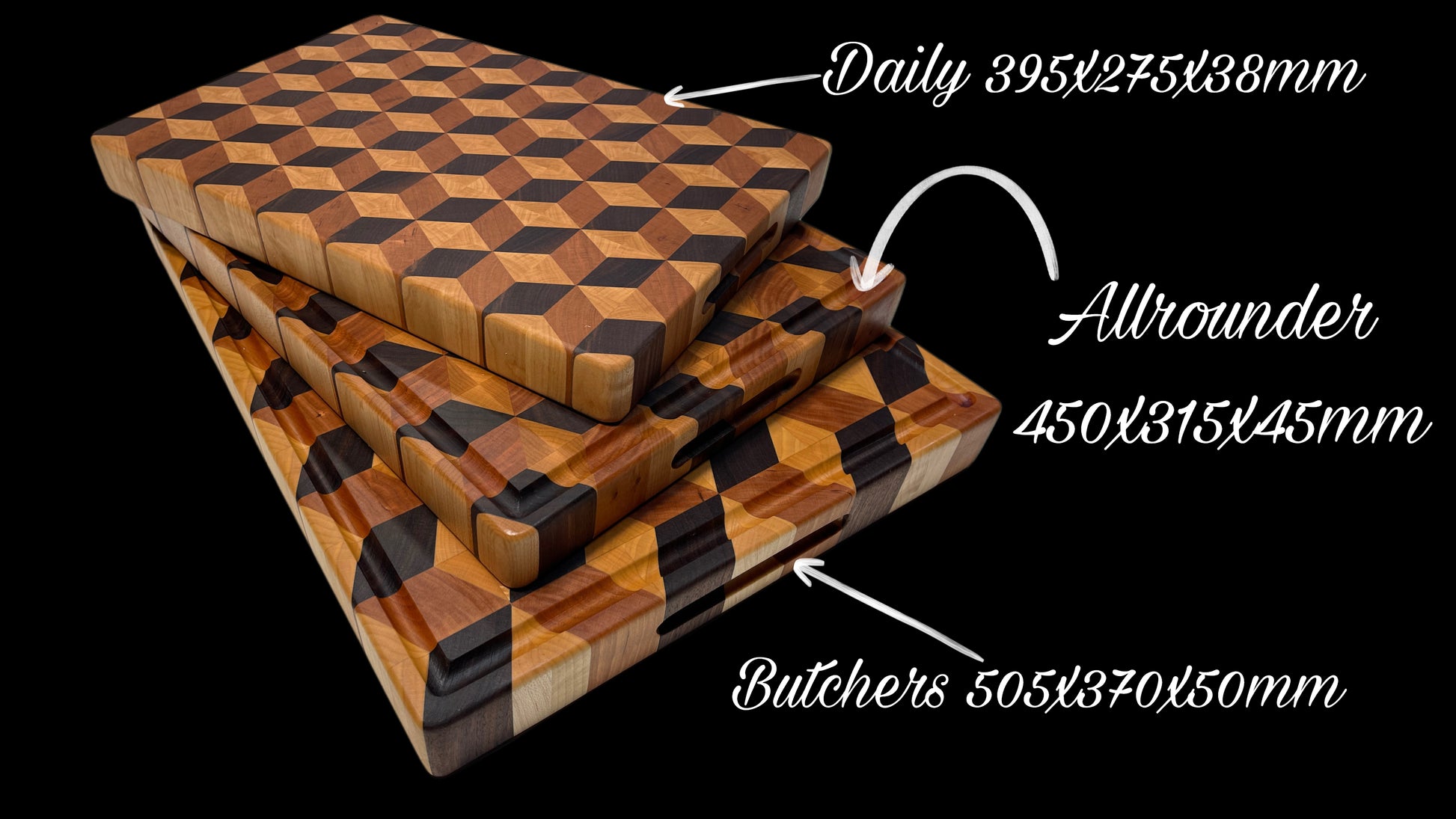 3D cube designer End-grain chopping board, with 3 sizes available to uplift kitchen design and make perfect Gift ideas for weddings, housewarmings, corporate and special gifts. 
