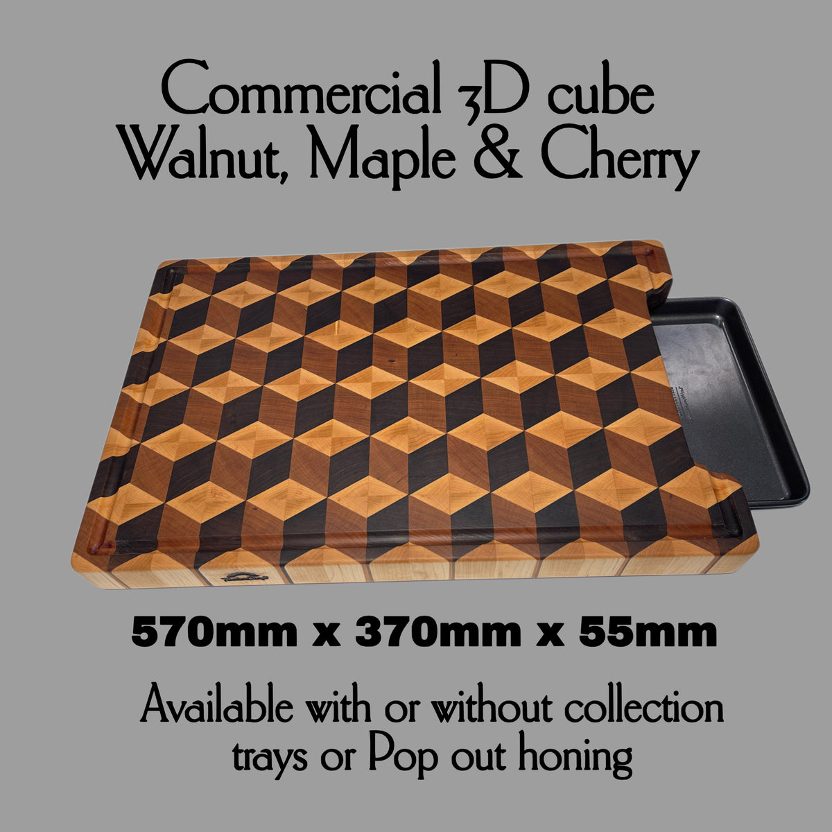 A 3D End-grain chopping board made with premium hardwoods Walnut, Maple and Cherry. Handmade in Auckland New Zealand by Tuckercraft. Ideal for Gifting.