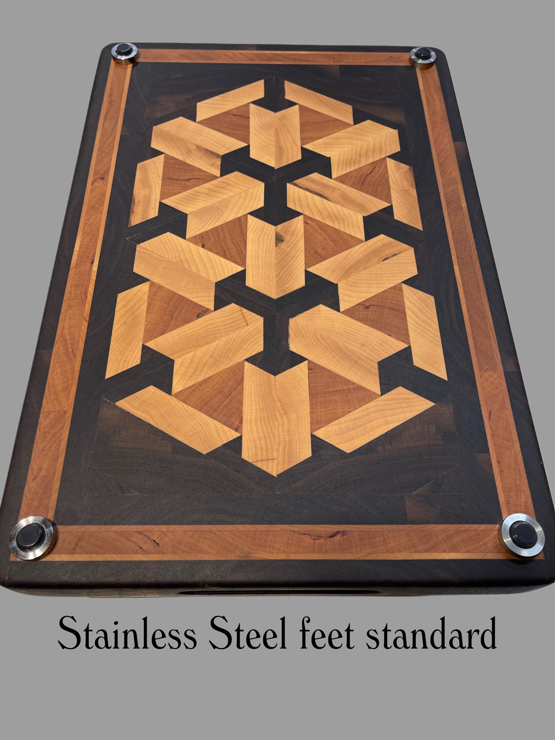 Premium handcrafted end grain chopping board featuring 3D Scaffold design in Walnut Maple and cherry  hardwood with  stainless feet