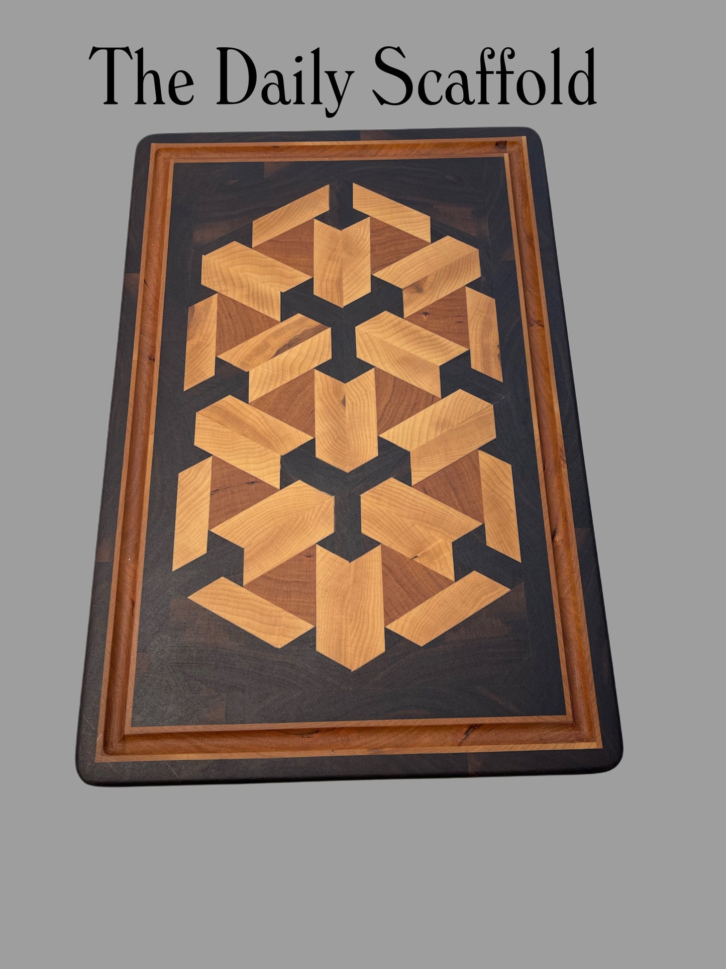 Premium handcrafted end grain chopping board featuring 3D Scaffold design in Walnut Maple & cherry hardwood 