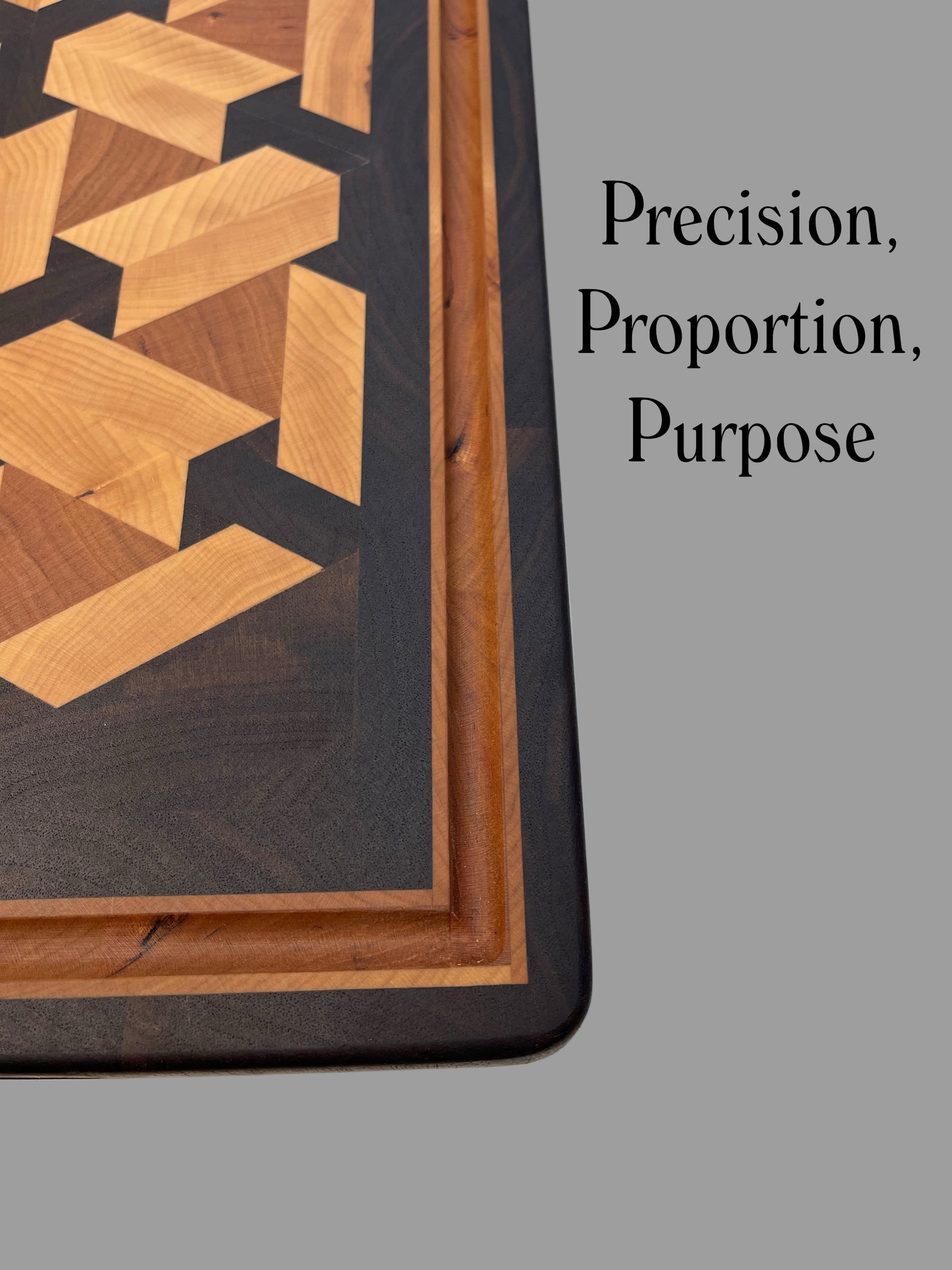 Premium handcrafted end grain chopping board featuring 3D Scaffold design close up of cherry juice groove