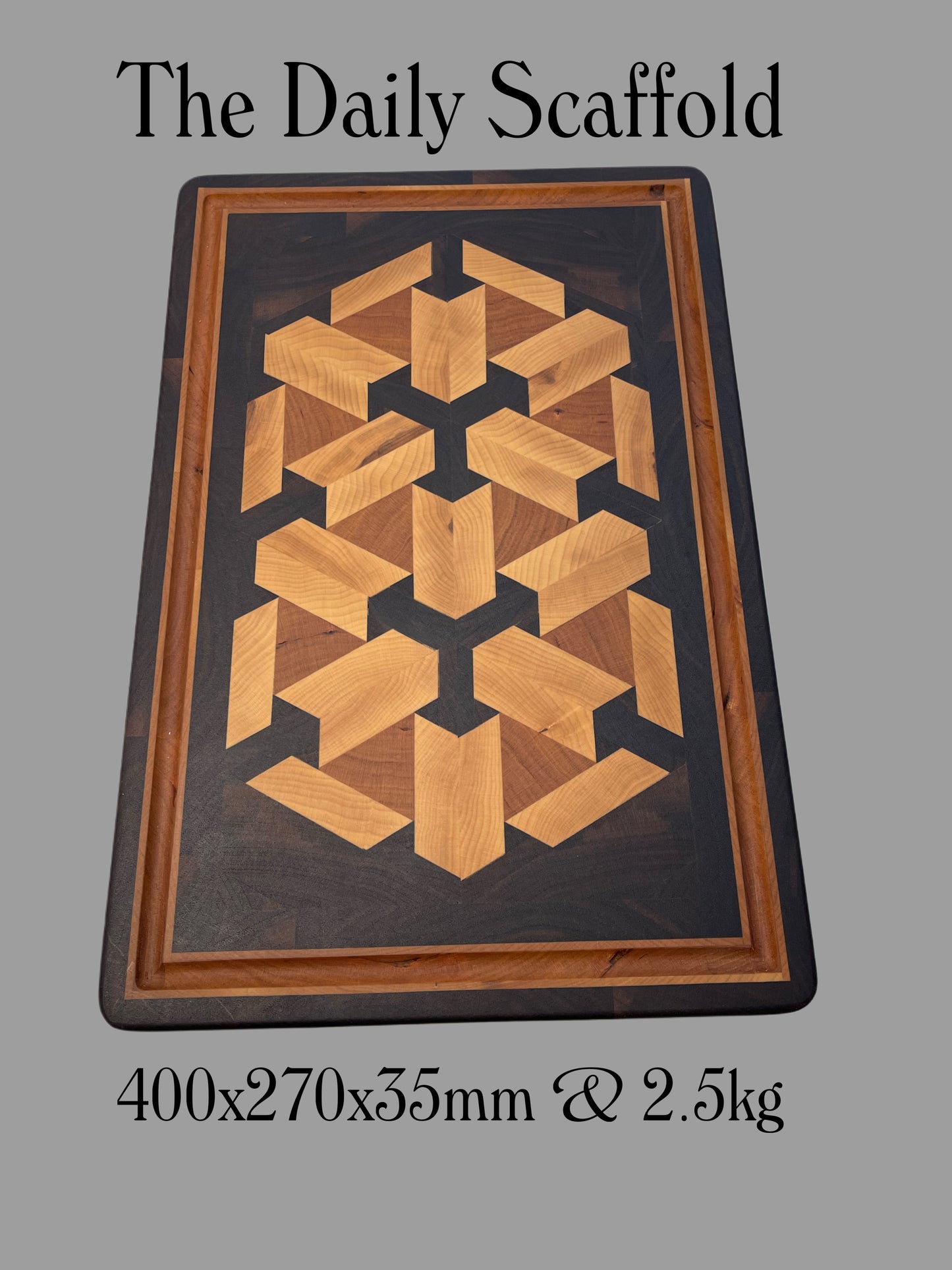 Premium handcrafted end grain chopping board featuring 3D Scaffold design in Walnut Maple & Cherry hardwoods