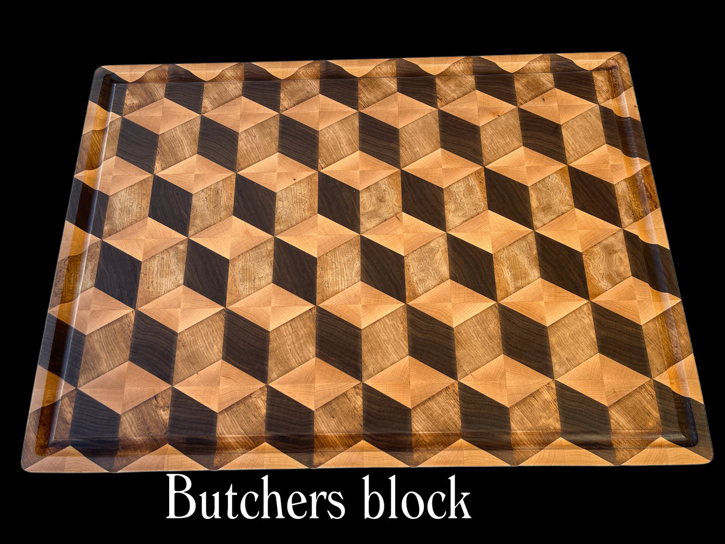 Handcrafted butcher block chopping board Designer 3D cube design,  in premium hardwoods Walnut, Reclaimed heart Rimu & Maple. Luxury New Zealand cutting boards ideal for entertaining, gourmet kitchens, wedding gifts and heirloom gifting