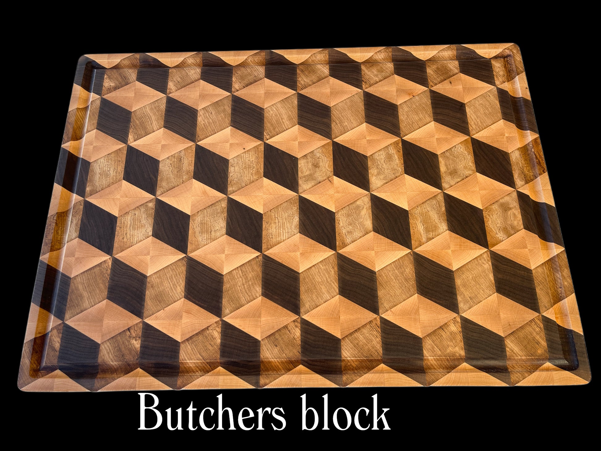 Handcrafted butcher block chopping board Designer 3D cube design,  in premium hardwoods Walnut, Reclaimed heart Rimu & Maple. Luxury New Zealand cutting boards ideal for entertaining, gourmet kitchens, wedding gifts and heirloom gifting