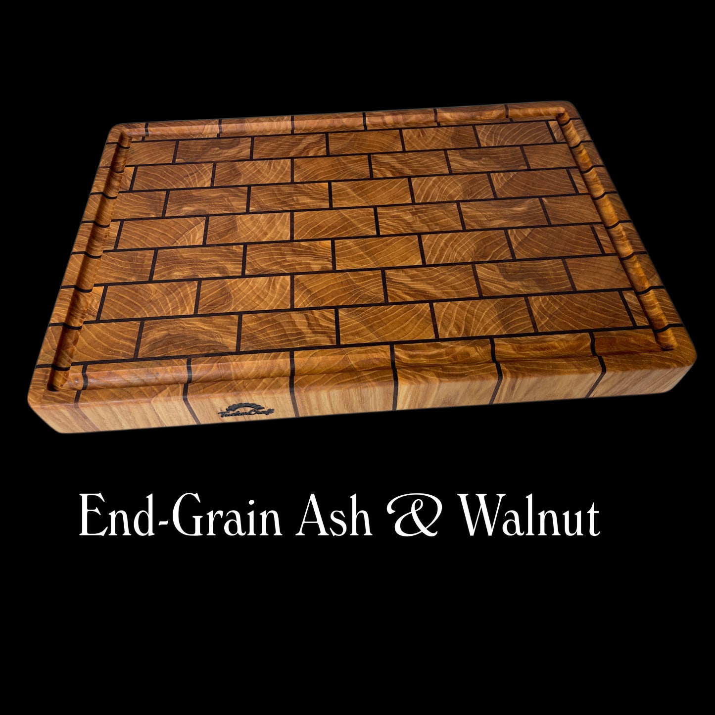 Handcrafted Ash and Walnut end-grain brick pattern chopping board with juice groove - luxury wooden butcher block made in New Zealand.