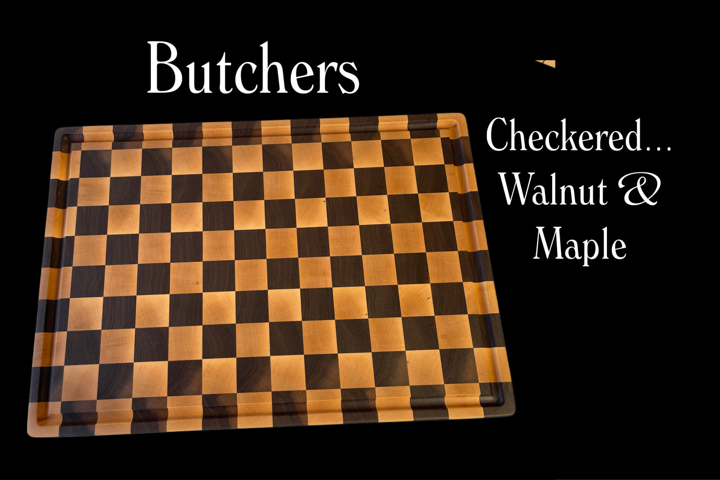 Handcrafted butcher block checker pattern chopping board by Tuckercraft,  in premium hardwoods Walnut & Maple. Luxury New Zealand cutting boards ideal for entertaining, gourmet kitchens, wedding gifts and heirloom gifting