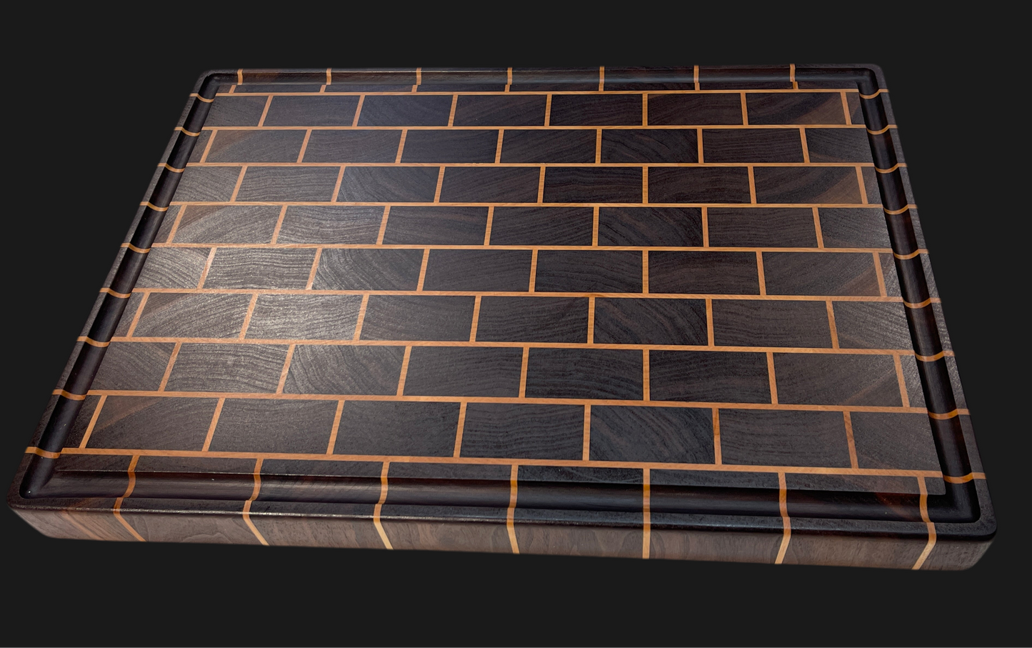 Commercial sized end-grain chopping board, handmade designer brick pattern for serious kitchens and chefs. Made from premium hardwoods Walnut & Maple it's built to last a lifetime. also premium Gifting for serious cooks.