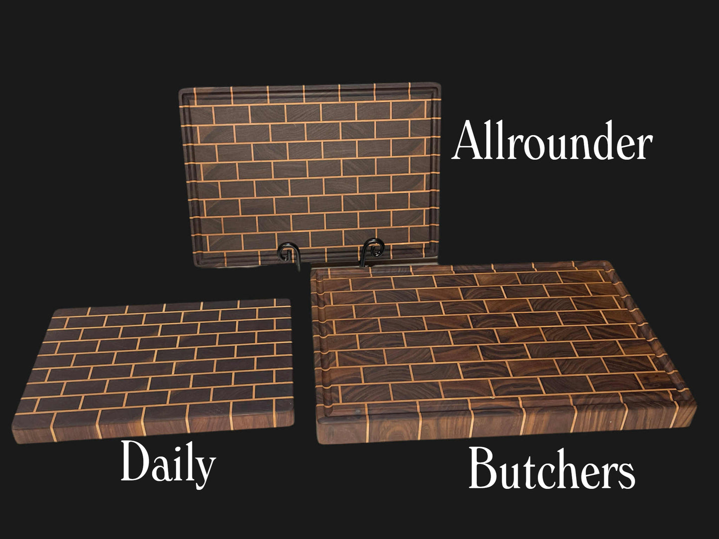 collection of Walnut & Maple brick pattern Handcrafted butcher block chopping boards by Tuckercraft,  Luxury New Zealand cutting boards ideal for entertaining, gourmet kitchens, wedding gifts and heirloom gifting