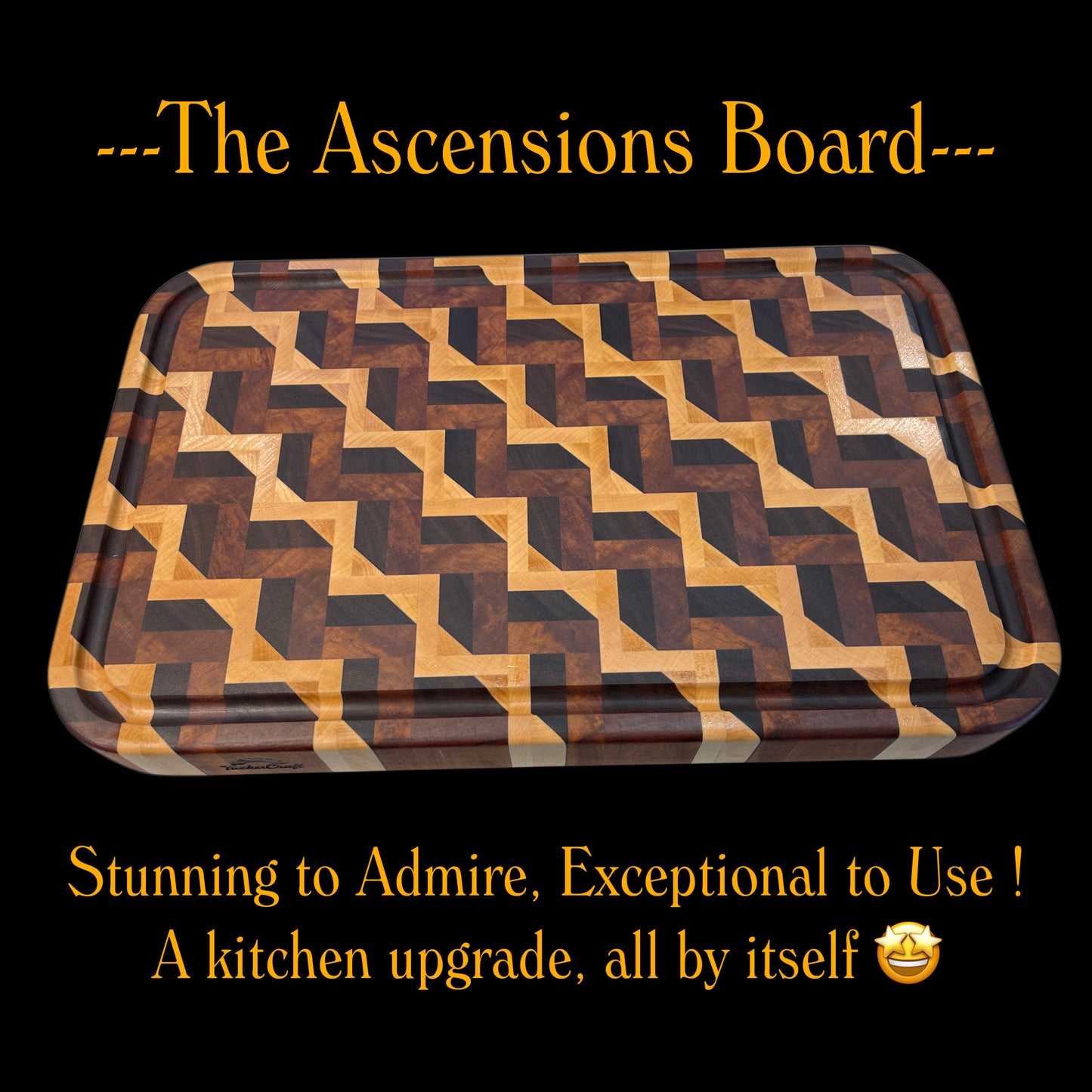 The Ascensions Board by Tuckercraft, a handcrafted Luxury end-grain chopping board made in New Zealand from Walnut, Maple and reclaimed Herat Rimu featuring an intricate geometric pattern and juice groove.