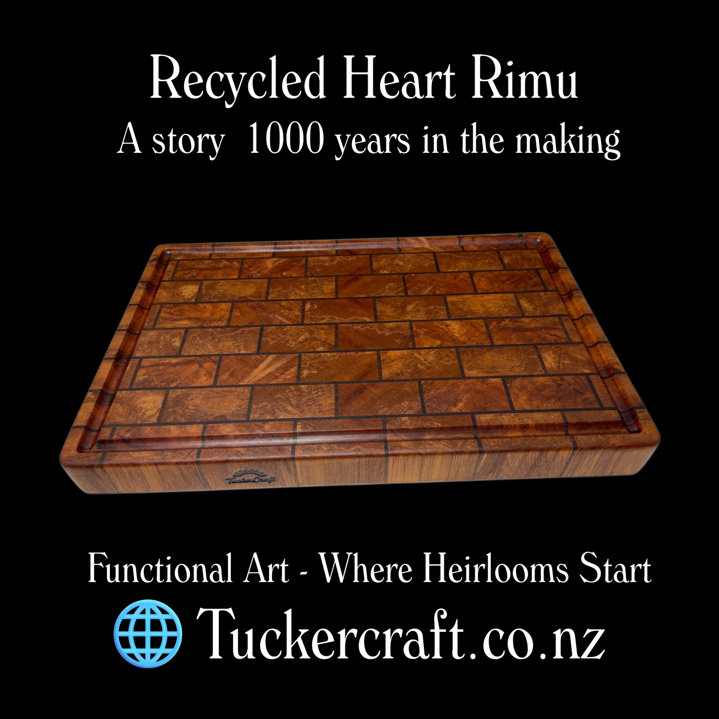 Premium reclaimed end grain chopping board handcrafted in New Zealand. Artisan made functional art designed for chopping, serving, gifting and collecting.