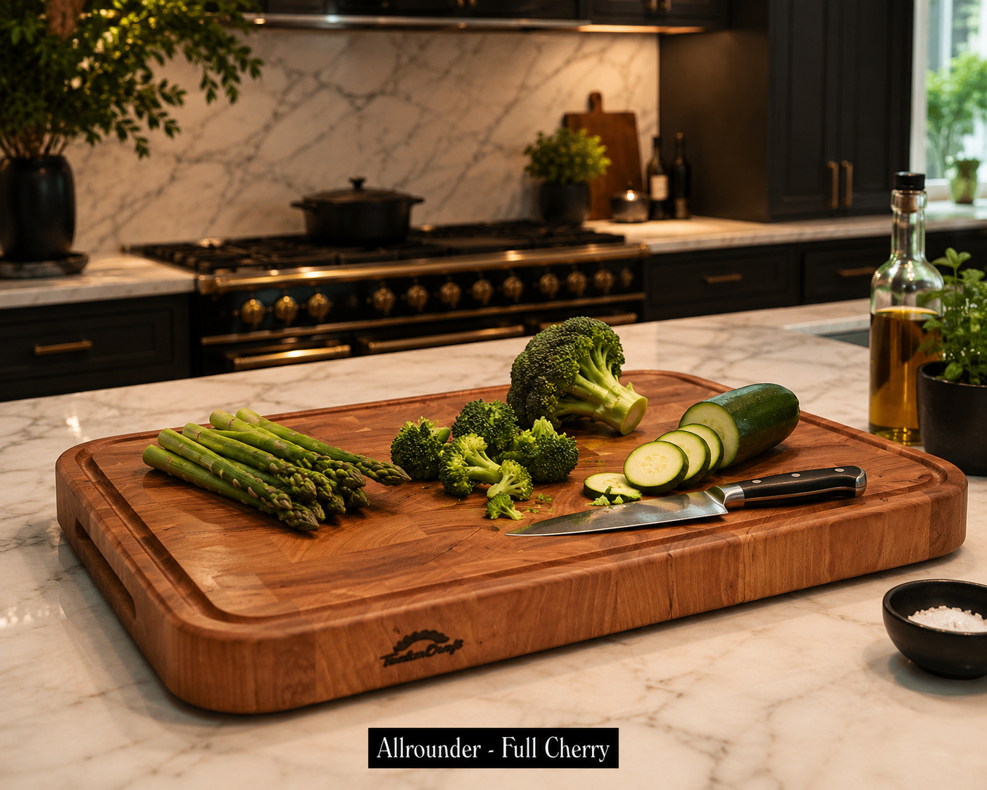 Premium handmade solid Cherry End-grain chopping board by Tuckercraft featuring extra thick 55mm construction, continuous juice groove and luxury kitchen styling