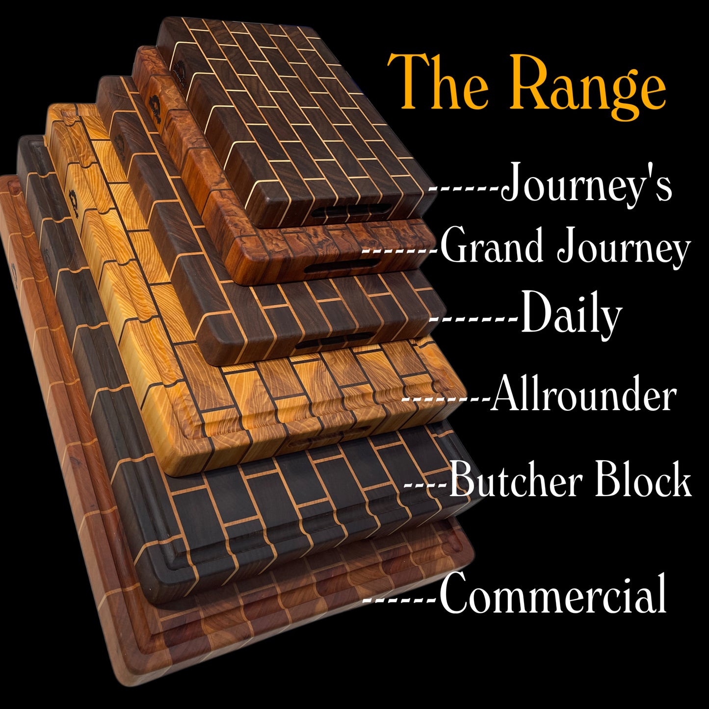 Full range of brick pattern end-grain wooden chopping boards by name. Handmade craftmanship by Tuckercraft New Zealand
