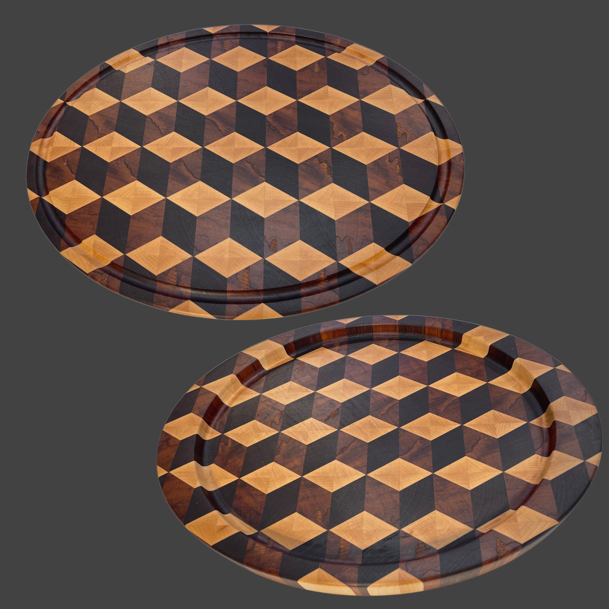 Large 3D cube End-Grain Chpping & Charcuterie Board, Juice groove one side - serving bowl the other. Crafted in premium timbers Walnut, Maple & Reclaimed Heart Rimu. Ideal for luxury kitchens and exceptional gifting