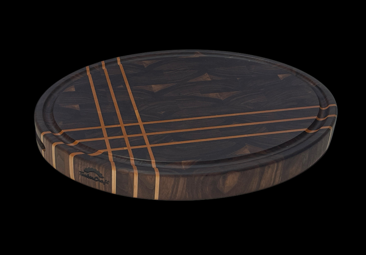 Large Oval End-Grain chopping board.  Handcrafted from premium timbers Walnut and Maple. Perfect for luxury kitchens and special gifting