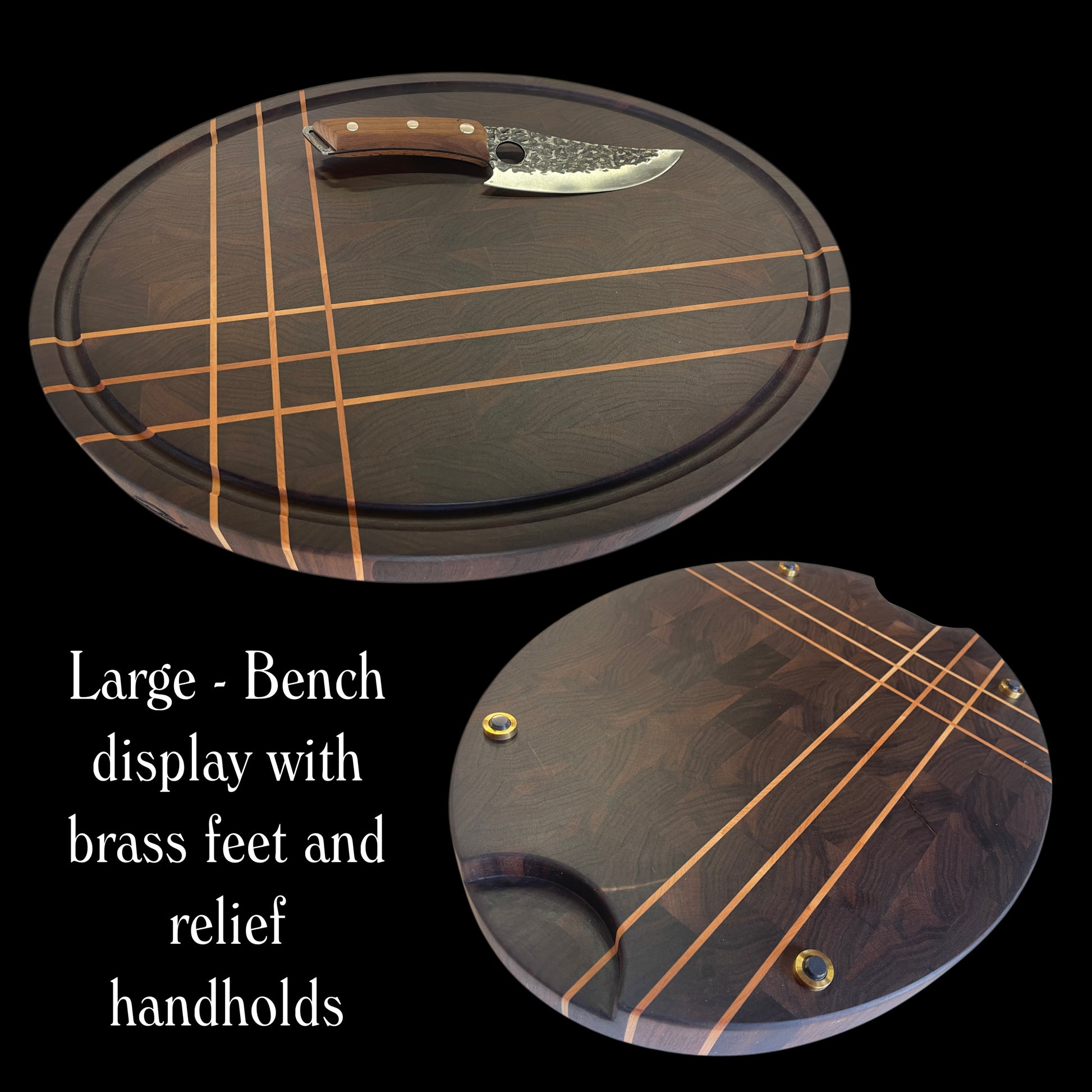 Large Oval End-Grain chopping board designed for benchtop with large hand holds and brass feet. perfect for luxury kitchens and special gifting