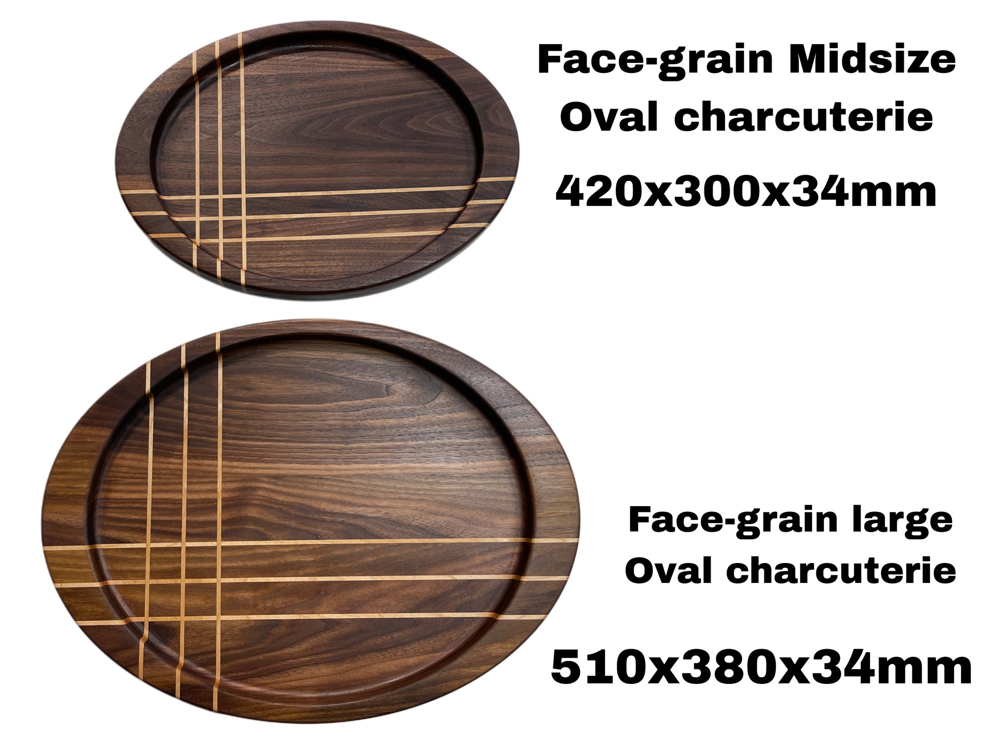 Handmade oval pattern charcuterie / platter board dimensions. Made from premium hardwoods Walnut & Maple . Ideal for home entertaining and gifting, including weddings, housewarming, corporate and special gifts for him & he