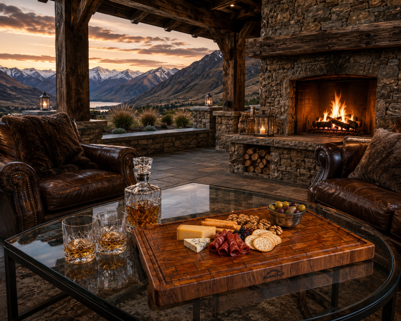 Luxury reclaimed Heart Rimu charcuterie board handcrafted in New Zealand, Being enjoyed with Whiskey and platter in Central Otago Alpine scenery.
