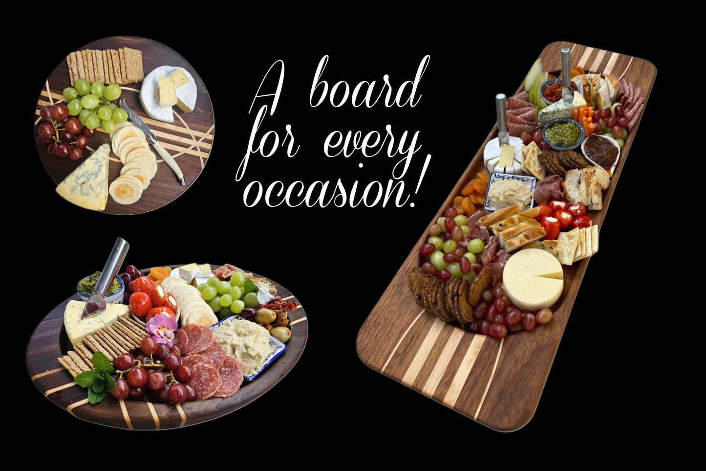 A board for every occasion , handmade from Walnut and Maple, designed for entertaining and gifting