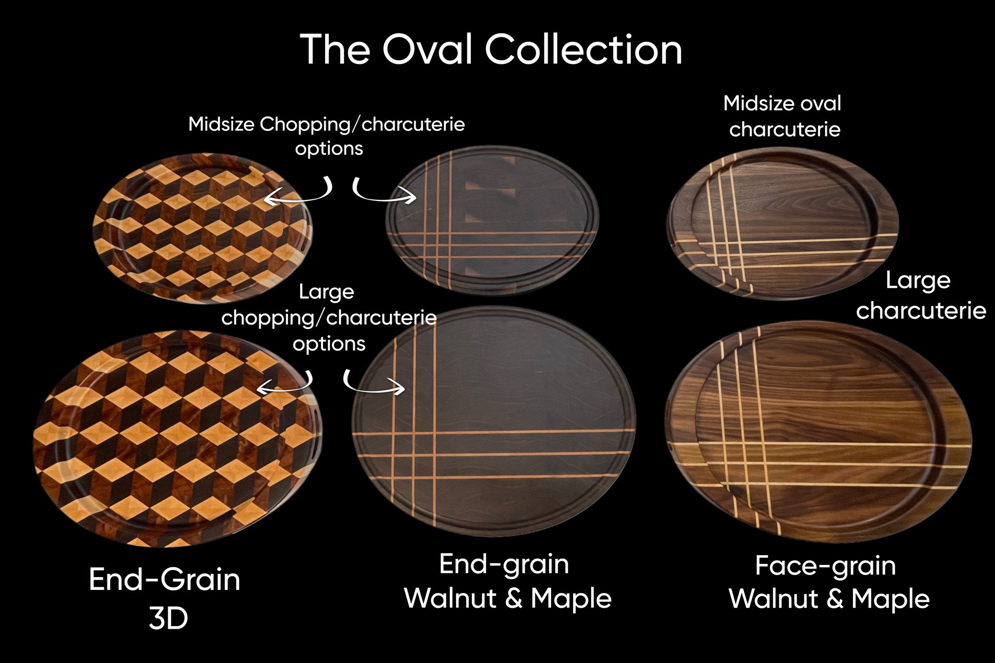 Oval options for end-grain and face-grain, handmade from prmium hardwoods Walnut and Maple, Designed for luxury kitchens, home entertainment plus special gifts including wedding gifts, housewarming gifts and corporate gifts