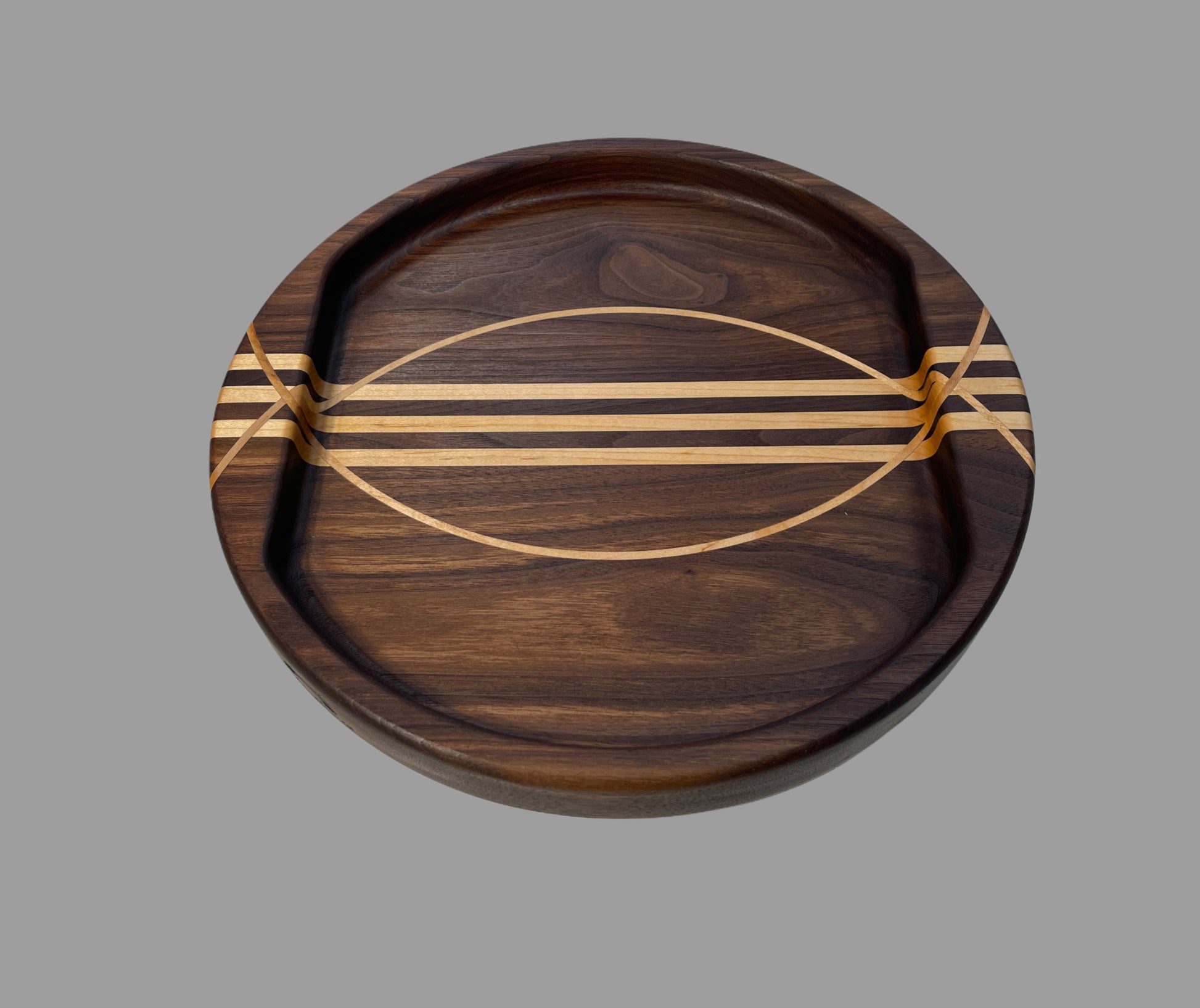  Small round designer charcuterie board, designed for home entertaining and ideal for gifting, made from premium timbers Walnut & Maple.