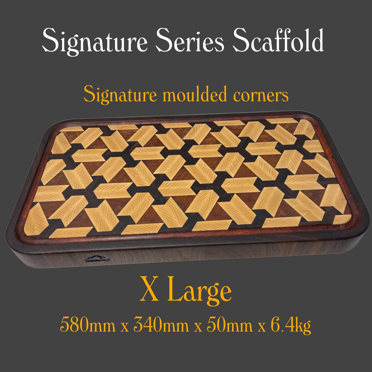 The Tuckercraft 3D Scaffold Collection featuring handcrafted end-grain chopping boards from the new Signature Series. Premium hardwood butcher blocks with elegant moulded corners, geometric 3D design, deep juice groove, made in New Zealand. Perfect as luxury gift, premium serving board or professional end grain chopping board for serious home cooks and chefs alike