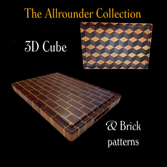 Premium Allrounder series end grain chopping boards featuring 3D geometric and Brick pattern designs handcrafted from Walnut and Maple hardwoods by Tuckercraft