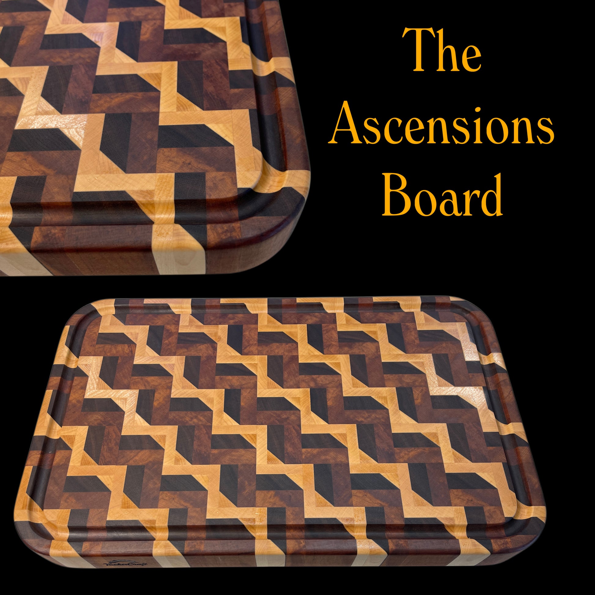 The Ascensions Board by Tuckercraft, a handcrafted Luxury end-grain chopping board made in New Zealand from Walnut, Maple and reclaimed Herat Rimu featuring an intricate geometric pattern and juice groove.