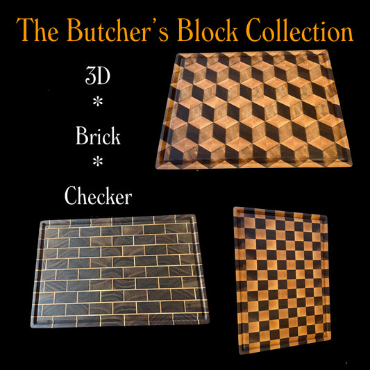 Collection of handcrafted butcher block chopping boards by Tuckercraft, featuring 3D cube, brick and checker designs in premium hardwoods. Luxury New Zealand cutting boards ideal for entertaining, gourmet kitchens, wedding gifts and heirloom gifting