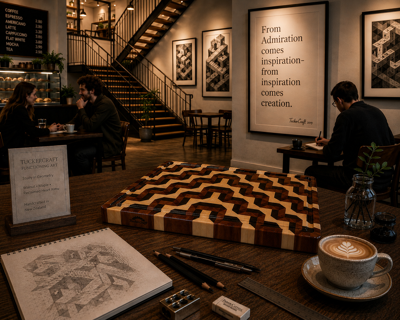 The story behind The Paradox Board,set in a cafe gallery of Esher works, a handcrafted Luxury end-grain chopping board made in New Zealand from Walnut, Maple and reclaimed Herat Rimu featuring an intricate geometric pattern and juice groove.