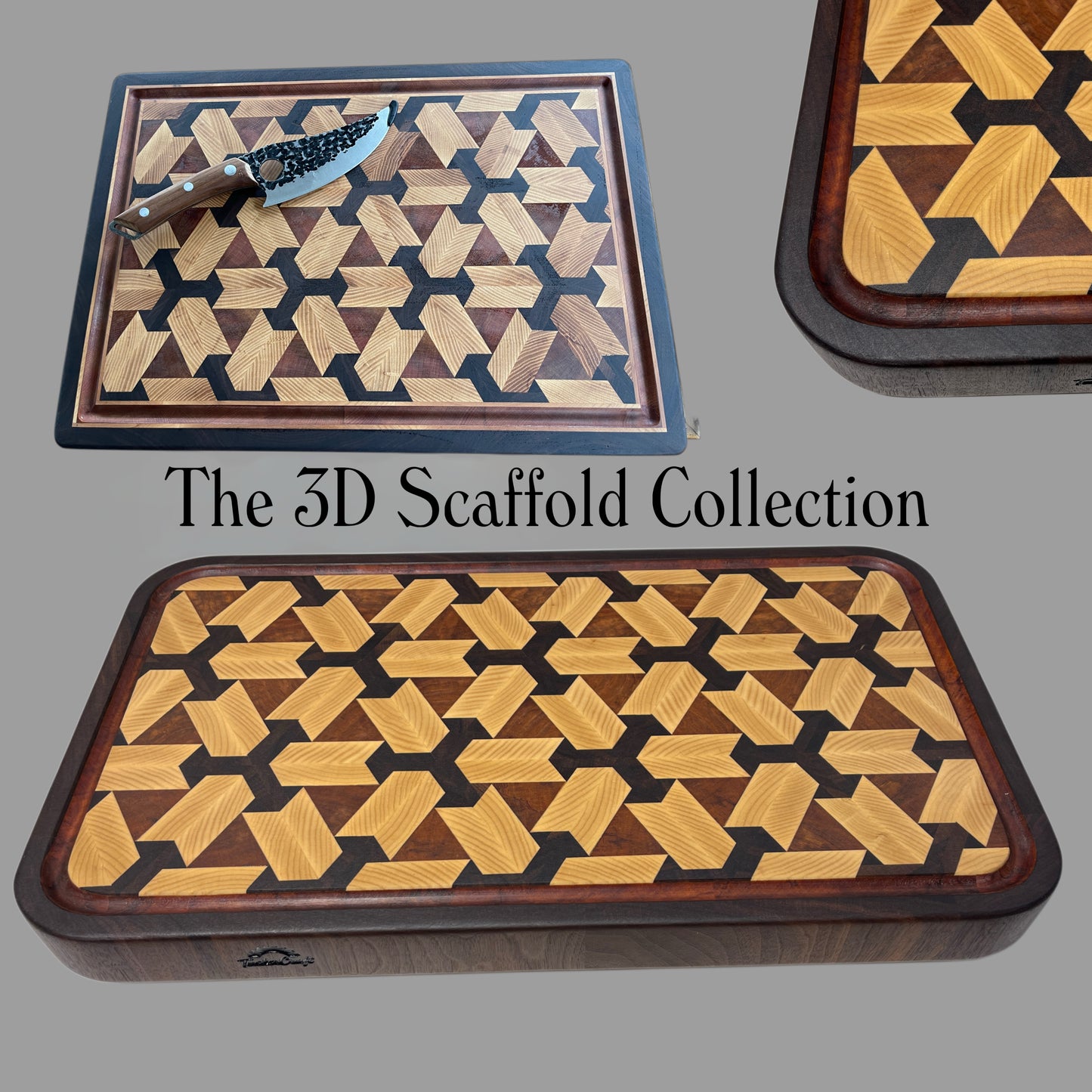 The Tuckercraft 3D Scaffold Collection featuring handcrafted end-grain chopping boards from the new Signature Series. Premium hardwood butcher blocks with elegant moulded corners, geometric 3D design, deep juice groove, made in New Zealand. Perfect as luxury gift, premium serving board or professional end grain chopping board for serious home cooks and chefs alike