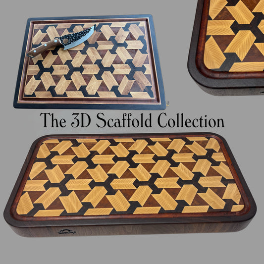 The Tuckercraft 3D Scaffold Collection featuring handcrafted end-grain chopping boards from the new Signature Series. Premium hardwood butcher blocks with elegant moulded corners, geometric 3D design, deep juice groove, made in New Zealand. Perfect as luxury gift, premium serving board or professional end grain chopping board for serious home cooks and chefs alike