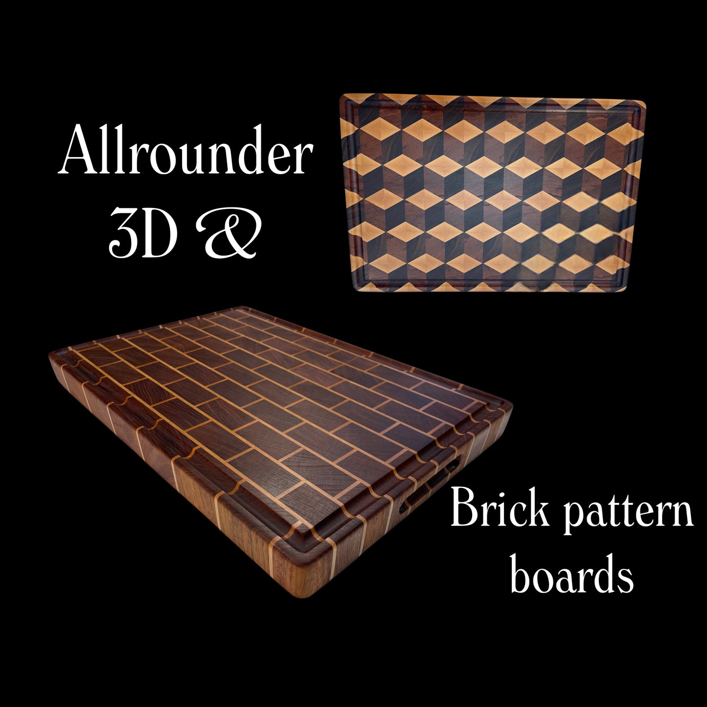 Premium Allrounder series end grain chopping boards featuring 3D geometric and Brick pattern designs handcrafted from Walnut and Maple hardwoods by Tuckercraft