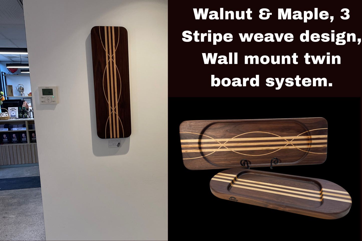 Handcrafted in Auckland New Zealand from Premium timbers Walnut and Maple , these unique boards are a 2 board set held together with magnets. blending functionality with wall art and entertaining charcuterie board. great for gifting at weddings, housewarmings, for him or for her gifts